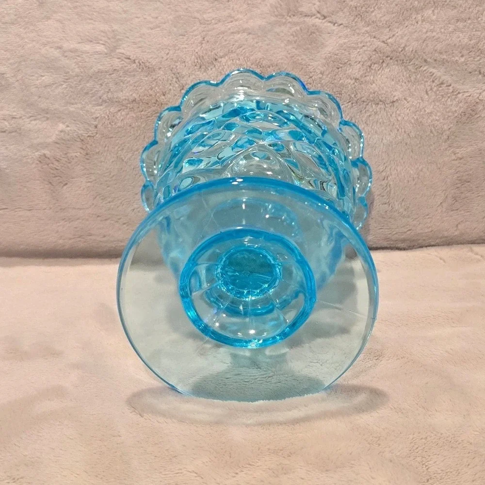 Vtg Summit Mosser Blue Pressed Glass Pedestal Bowl Scalloped Diamond Point Dish